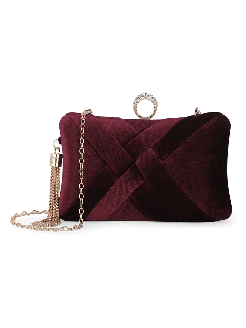 جلو باص Globus Women Burgundy Criss Cross Ribbon Design Rectangular Party Clutch With Detachable Chain Strap & Tassel Charm